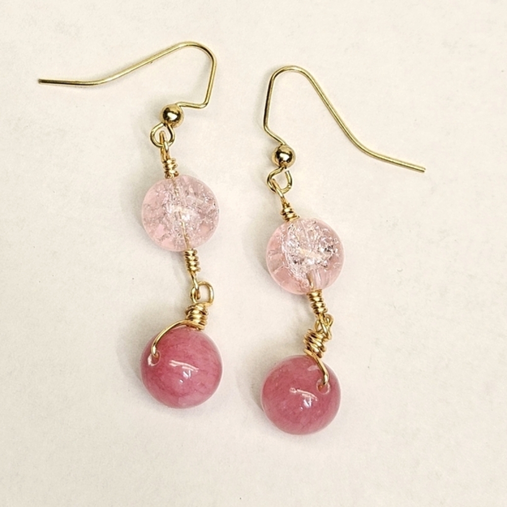 Pink Rhodochrosite and Crackled Glass Beaded Earrings